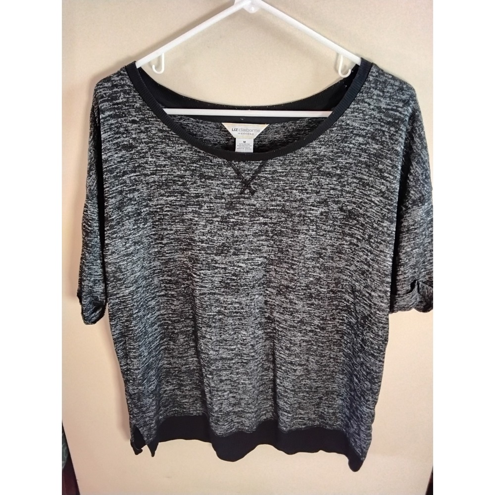 Liz Claiborne Weekend Womens Black White Space Dye Marl‎ Knit Scoop Neck Top M